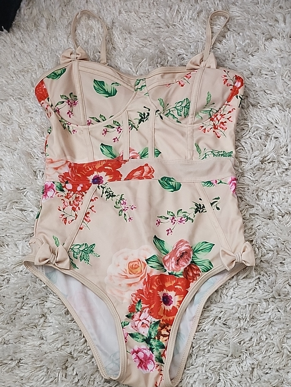 Floral One-Piece Corset Swimsuit in Light Blush with Multicolor Flowers Size S